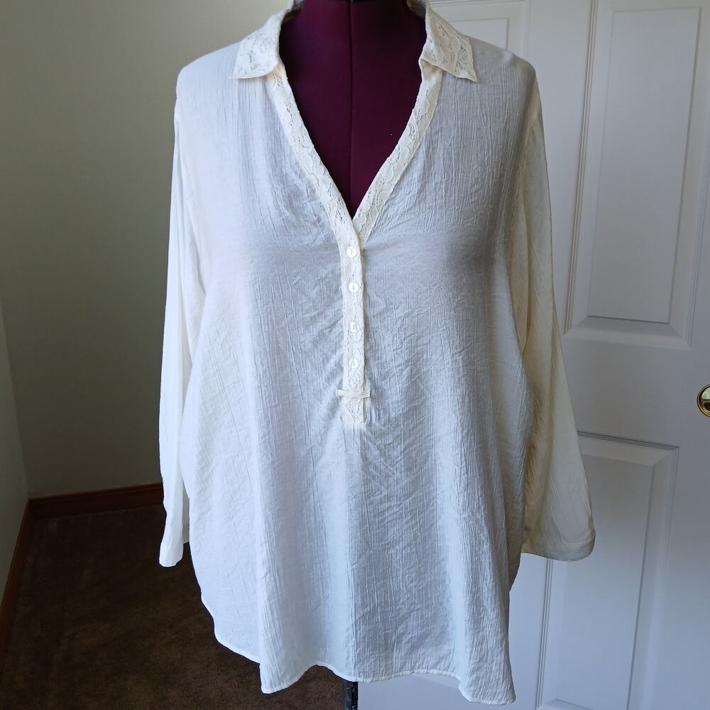 Hester & Orchard Ivory Lace Henley Tunic Blouse 1X lightweight back vent cottage - Picture 2 of 14